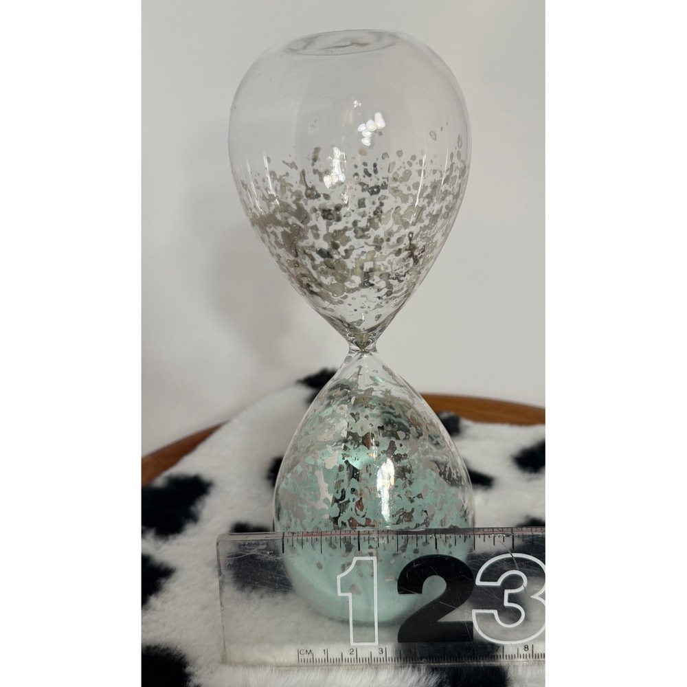 Modern Glass Hourglass Sand Timer Teal Mint Sand Silver Splatter Decor 7.5"